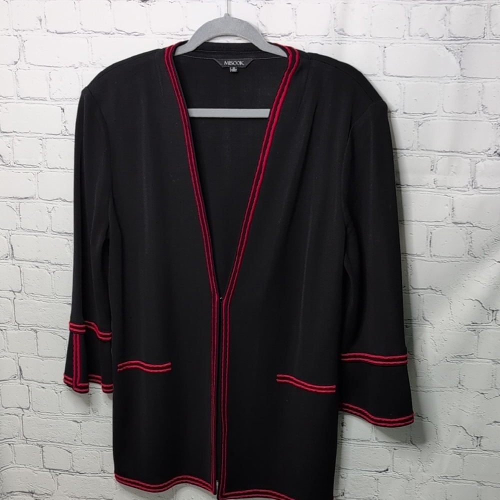 Misook Bell Sleeve Cardigan With Trim Clasp Front